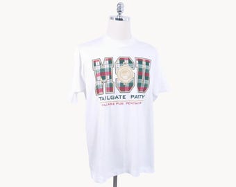 Vintage MSU Tailgate Party Village Pub Pentwater White Plaid T-Shirt Large/X-Large Best Fruit of The Loom Spartans Michigan State University