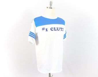 Vintage #1 Clutz Flocked Applique Blue and White T-Shirt Medium/Large Humor Funny Endless Summer Single Stitch Trim Piping Color Blocked