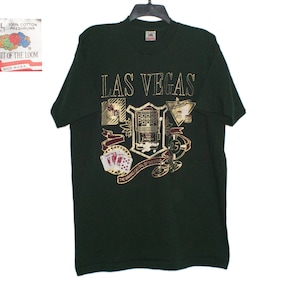 Jahrgang Las Vegas Metallic Spielkarte Würfel Spielautomat Poker Chips Roulette Gold Print Obst des Loom dunkelgrün T-Shirt groß/X-large