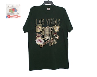 Vintage Las Vegas Metallic Playing Card Dice Slot Machine Poker Chips Roulette Gold Print Fruit of The Loom Dark Green T-Shirt Large/X-Large