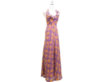 Vintage Floral Magnolia Print 70's Ruffle Halter Top Maxi Dress Empire Waist Young Innocent By Arpeja XSmall Purple Orange Yellow Hippie