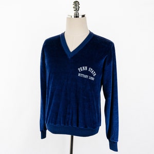 Vintage Penn State Nittany Lions Navy Blue Velour V-Neck Long Sleeve Shirt Small/Medium 70&#39;s 80&#39;s