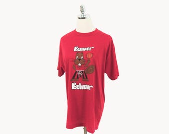 Vintage Beaver Believer Basketball Red T-Shirt Medium/Large Beaverton Michigan Ched Anvil Made in USA