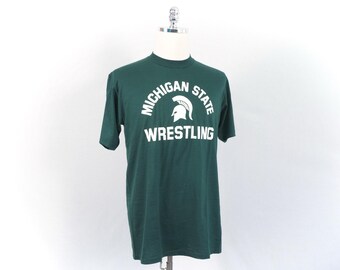 Vintage Michigan State University Wrestling Spartans Green and White T-Shirt Medium/Large MSU Jerzees by Russell
