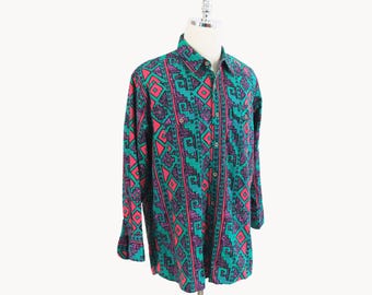 Vintage Wrangler Western Aztec Print Button Up Shirt 17-17.5 Large/X-Large XL Turquoise Pink Purple 80s 90s