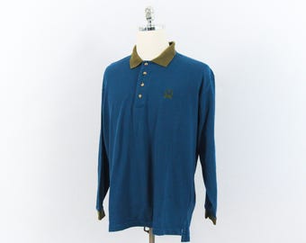 Vintage Christian Dior Monsieur Blue and Green Embroidered Logo Long Sleeve Collared Shirt X-Large