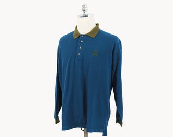 Vintage Christian Dior Monsieur Blue and Green Embroidered Logo Long Sleeve Collared Shirt X-Large