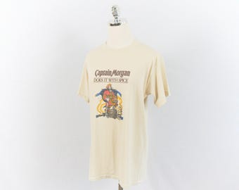 Vintage Captain Morgan Original Spiced Rum Cream T-Shirt Medium/X-Large Thin Worn Spring Ford