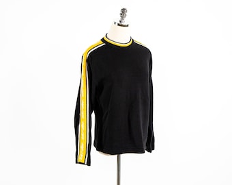 Vintage Ski-Doo Bombardier Black Yellow and White Ski Sweater 14-16 Small Striped Sleeve Trim with Text 90's Cotton