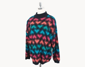 Vintage 80's 90's Keith Haring Inspired Hearts Neon Pink Orange Green Blue and Black Stefano International Sweater Medium/Large