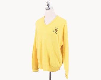 Vintage Waverly High School Warriors Embroidered Yellow V-Neck Sweater Medium/Large Lansing Michigan Melville Uniform Made in U.S.A. 70s 80s