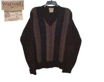 Vintage Woodward Vertical Striped 100% Wool Shetland Sweater Medium/Large Made in Ireland Earth Tones Purple Blue Brown V-Neck Cable Knit