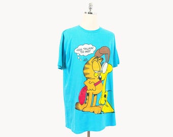Vintage Garfield Odie "You Talkin' To Me?" T-Shirt Flirts One Size Fits All Long XL 2XL Aqua Blue Teal Sleep Shirt Dress OSFA Cotton