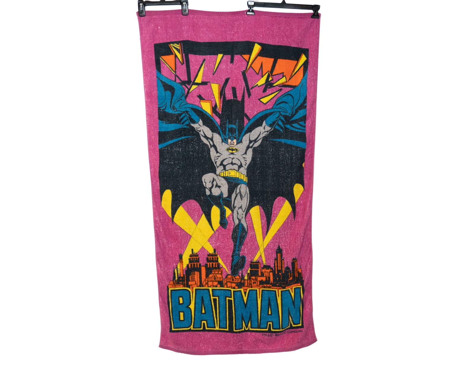 Vintage Batman Towel 1991 DC Comics Inc Pink Gotham Spot Lights 29 X 58