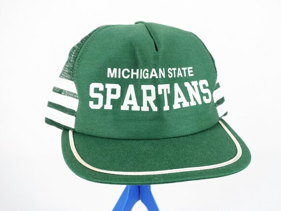 Vintage Michigan State Spartans MSU Hat 3 Triple Stripes Mesh Trucker Hat Snapback Retro 70's 80's Football Basketball Baseball