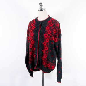 Vintage Club Exclusive Floral Polka Dot Red and Grey Knit Cardigan Sweater Medium/Large Made in England Cute Grandma