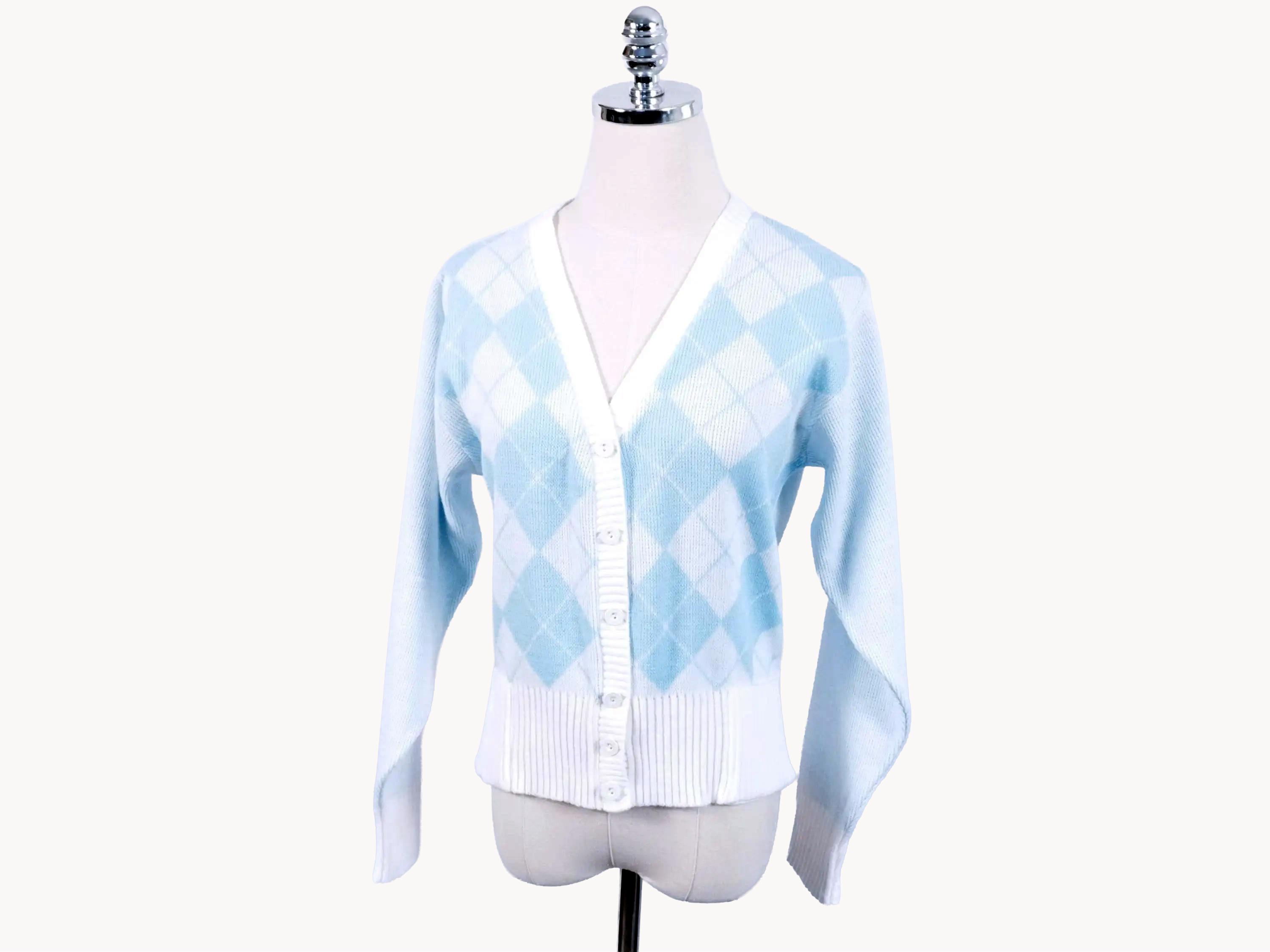Vintage Barco Argyle Light Baby Blue and White Knit Cardigan Sweater Youth Large 16-18 Womens Small 100% Acrylic 60's 70's