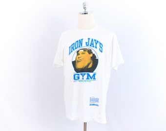 Vintage Jay Leno Iron Jay's Gym No Brain No Pain White T-Shirt Large/X-Large Made in U.S.A. Fruit of the Loom 90s The Tonight Show