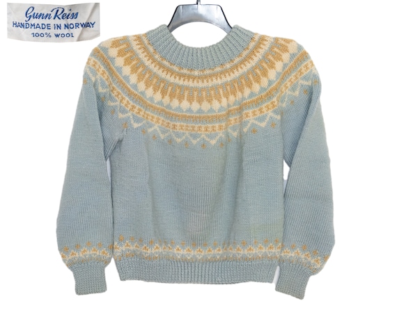 Reiss, Vintage Gunn Reiss Fair Isle Wool Light Blue Gold and Cream Sweater X-Small/Small 50's 60's Handmade in Norway