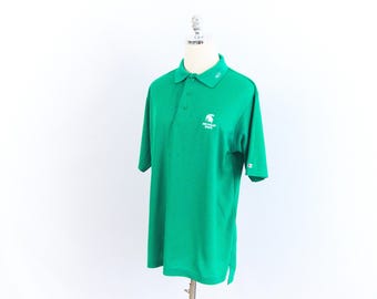 Vintage MSU Michigan State Spartans Embroidered Green and White Polo Shirt Large/X-Large Champion Made in U.S.A.