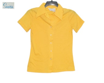 Vintage Sears Yellow Solid Plain Blank Short Sleeve Polo Size 12 X-Small/Small 70's
