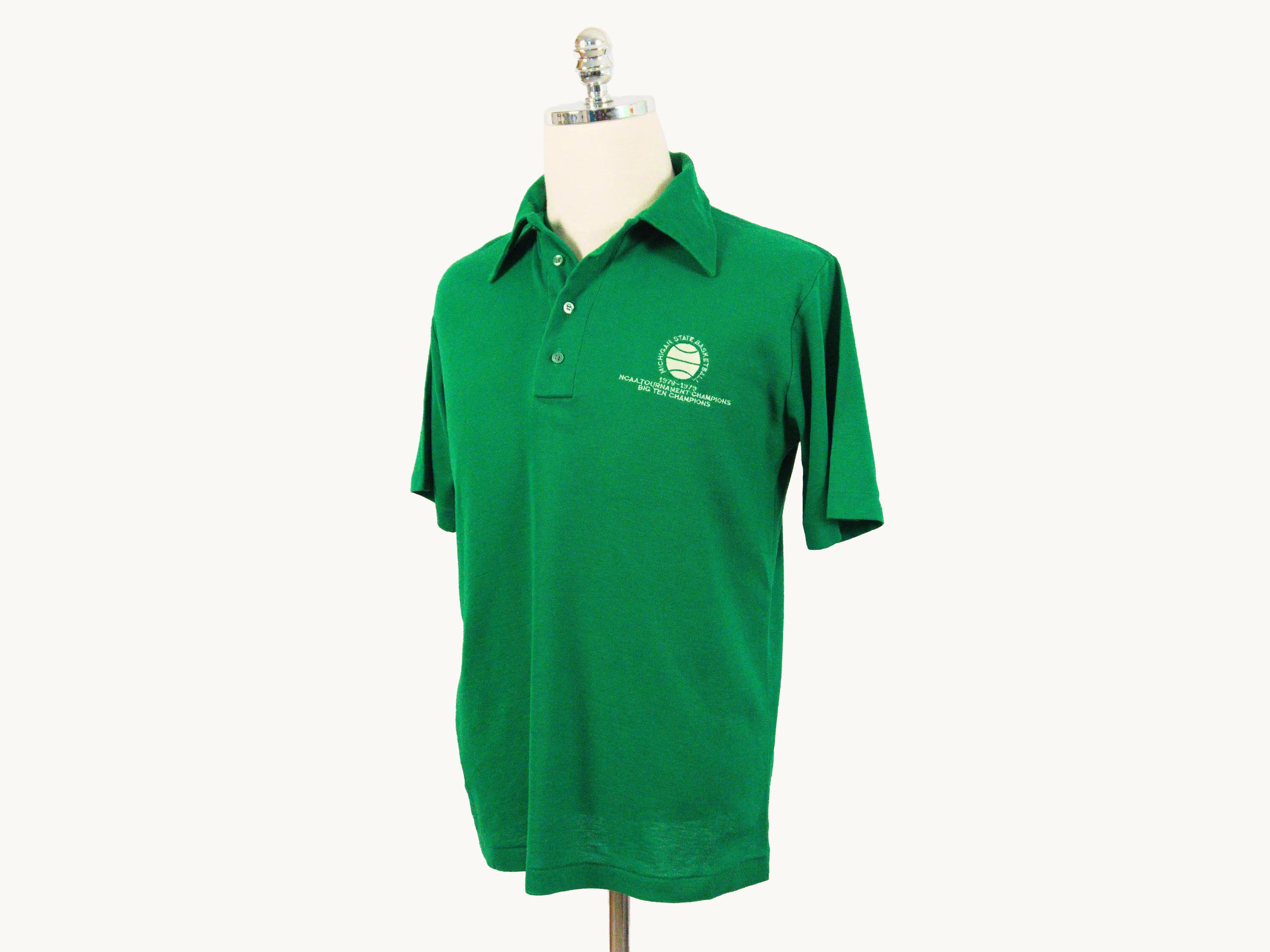 Vintage Michigan State Basketball NCAA Tournament Champions Big Ten 1978 1979 Green and White Polo Shirt Medium/Large 70s Spartans MSU