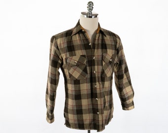 Vintage Sears bruin met quilt gevoerd geruit flanellen shirt klein bruin dik flanellen button-up buiten jacht