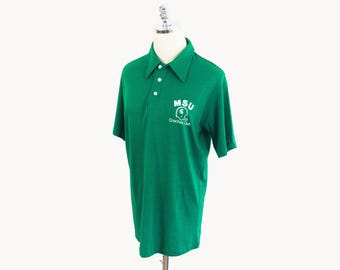 Vintage MSU Coaches Club Football Helmet Green and White Polo Shirt Medium/Large Whang 70's Retro Print Michigan State Spartans Made in USA