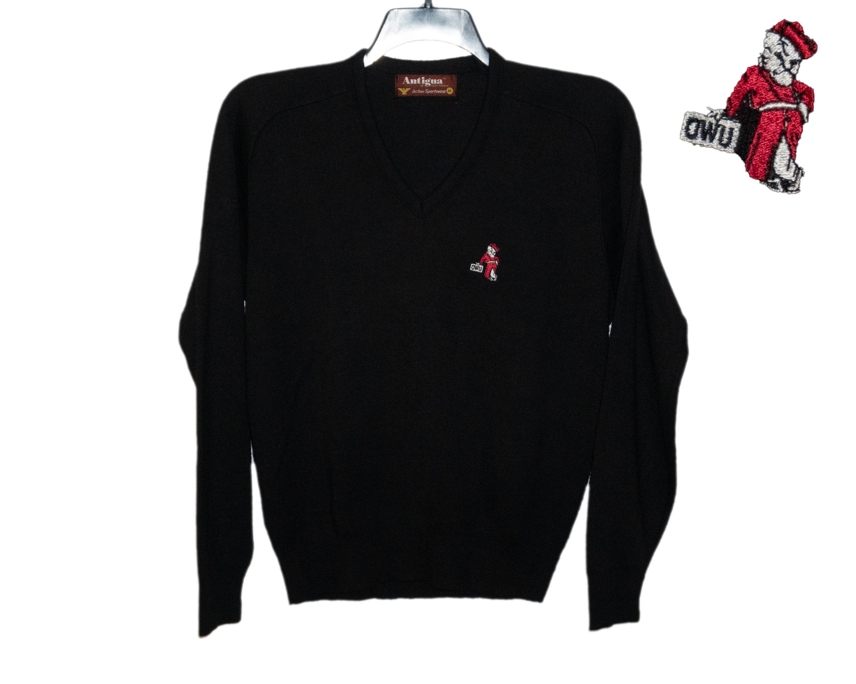 Vintage Ohio Wesleyan University OWU Embroidered Battling Bishops Black Acrylic Sweater Small/Medium 70s Antigua Made in U. S.A.