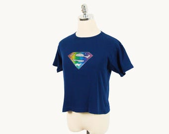 Vintage Superman Rainbow Metallic Silver Glitter Warner Bros Navy Blue Babydoll Cap Sleeve Shirt Small/Medium DC Comics 90s Early 2000s 00s