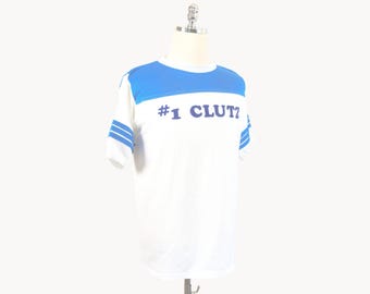 Vintage #1 Clutz Flocked Applique Blue and White T-Shirt Medium/Large Humor Funny Endless Summer Single Stitch Trim Piping Color Blocked