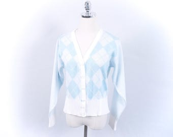 Vintage Barco Argyle Light Baby Blue and White Knit Cardigan Sweater Youth Large 16-18 Womens Small 100% Acrylic 60's 70's
