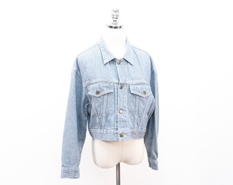 Vintage Guess USA Georges Marciano Cropped Denim Jean Jacket Medium/Large 80's 90's Railroad Blue White Striped