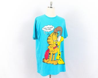 Vintage Garfield Odie "You Talkin' To Me?" T-Shirt Flirts One Size Fits All Long XL 2XL Aqua Blue Teal Sleep Shirt Dress OSFA Cotton