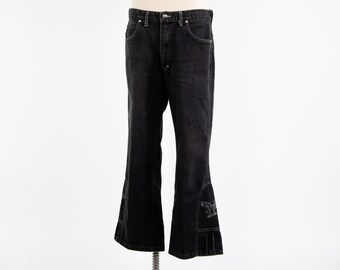 Pantalones vaqueros vintage Sheplers Eagle bordados, de mezclilla negra descolorida, talla 36x29, hechos en EE. UU., corte bota acampanada, estilo rodeo western, talla 35x29.