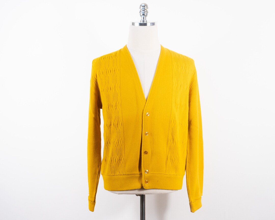 Vintage Mustard Yellow Gold Cardigan Sweater Medium 50's 60's Orlon