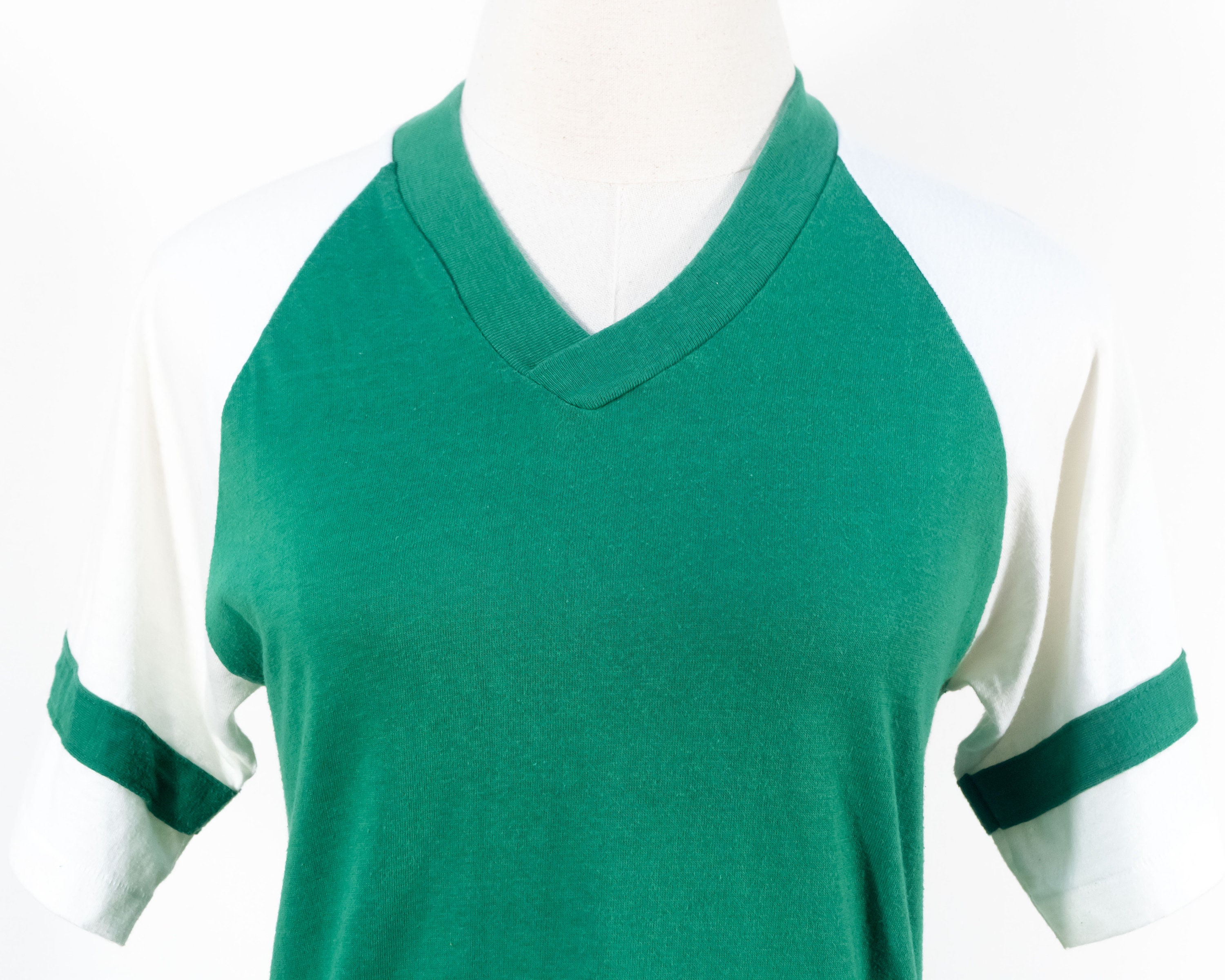 Vintage Velva Sheen Green and White Raglan Tee With Striped Trim T 