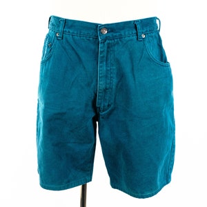 Vintage Legendary I.O.U. Teal Turquoise Green Colored Denim Jean Shorts Size 32/33 90&#39;s Early 00&#39;s 2000&#39;s Baggy Long