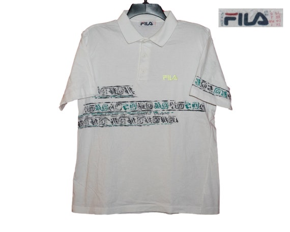 Vintage Fila 90 s White Polo Tennis Sport Geometric Neon Yellow green Embroidered Logo Collared Tee Size 40 Italy Small medium Etsy