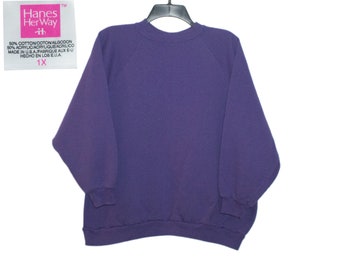 Vintage Plain Blank Solid Purple Hanes Her Way Raglan Crewneck Sweatshirt Large/1X-Large Made in U.S.A.