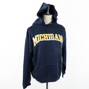 Vintage University of Michigan Wolverines Russell Athletic Hooded Sweatshirt Small/Medium Navy Blue Maize Yellow Hoodie UM Distressed Worn