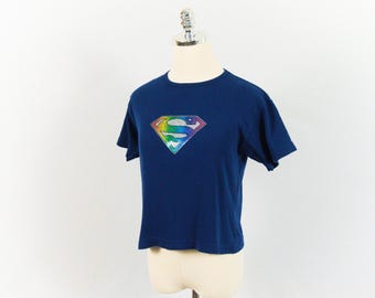 Vintage Superman Rainbow Metallic Silver Glitter Warner Bros Navy Blue Babydoll Cap Sleeve Shirt Small/Medium DC Comics 90s Early 2000s 00s