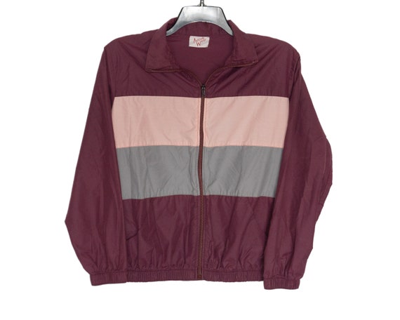 Vintage Active Wear Maroon Pink Gray Striped Zip … - image 5