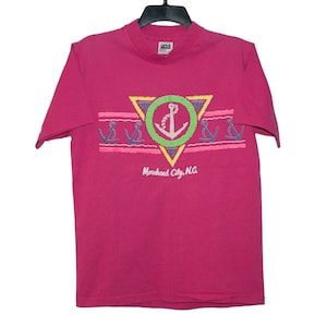 Vintage Morehead City, N.C. Anchor Neon Highlighter 1990&#39;s 90&#39;s Pink Beach North Carolina Tourist Tourism Souvenir T-Shirt Small/Medium