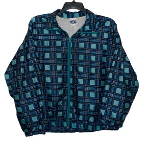 May include: A blue and teal plaid jacket with a zipper closure. The jacket has a sporty, casual style.
