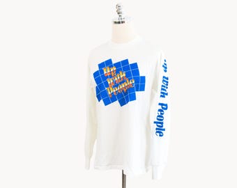 Vintage Up With People White Long Sleeve T-Shirt Small/Medium Nonprofit Printed Sleeve 80s Youth Empowerment Change The World