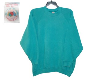 Moletom vintage liso, em branco, sólido, azul-petróleo, turquesa, verde Fruit of the Loom, casual, raglan, gola redonda, tamanho 2X-G/3X-G, fabricado nos EUA.
