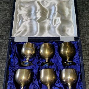 Op de afbeelding: Een set van zes zilverkleurige likeurglazen in een blauw fluwelen doos. Elk glas heeft een afgeronde kom en een slanke steel met een blauw accent. De doos heeft een satijnen voering.