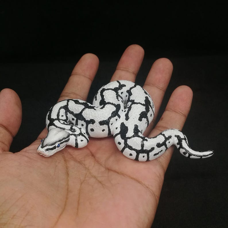 May include: A white and black patterned snake figurine. The snake is coiled and has a detailed design with black spots and markings on a white base. The snake's head is visible, with small blue accents.