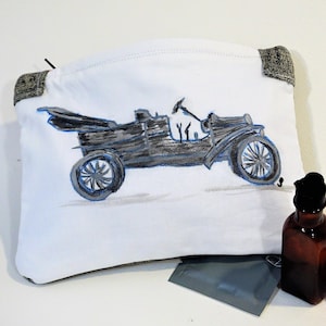 Bolsa/estuche con cremallera pintado a mano, para guardar objetos pequeños, bolso de viaje, coche antiguo, regalo para ella